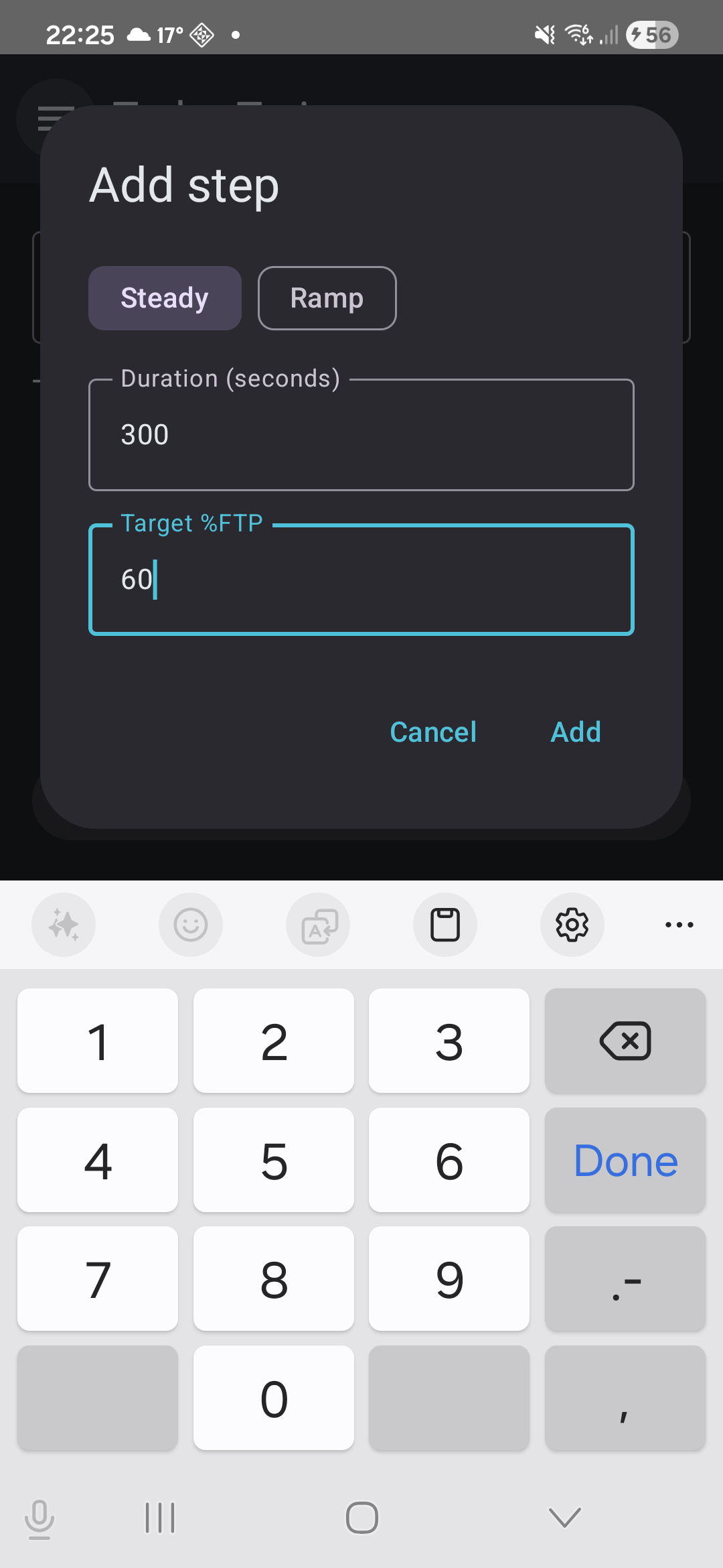 The Add step dialog, showing the Steady/Ramp toggle and Duration, Start %FTP and End %FTP fields filled in for a ramp step.