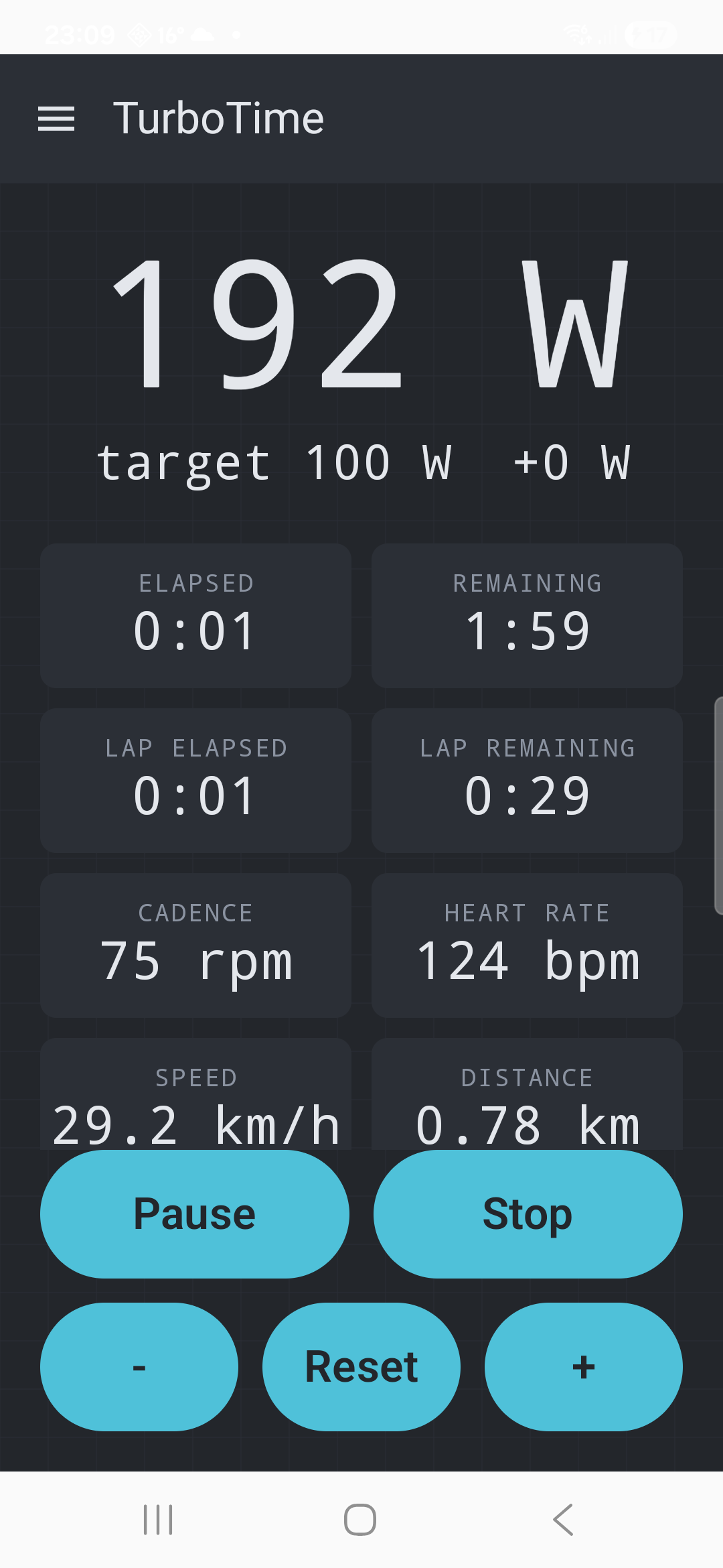 The live session dashboard, showing actual and target power, elapsed/remaining time, cadence, heart rate, speed and distance.