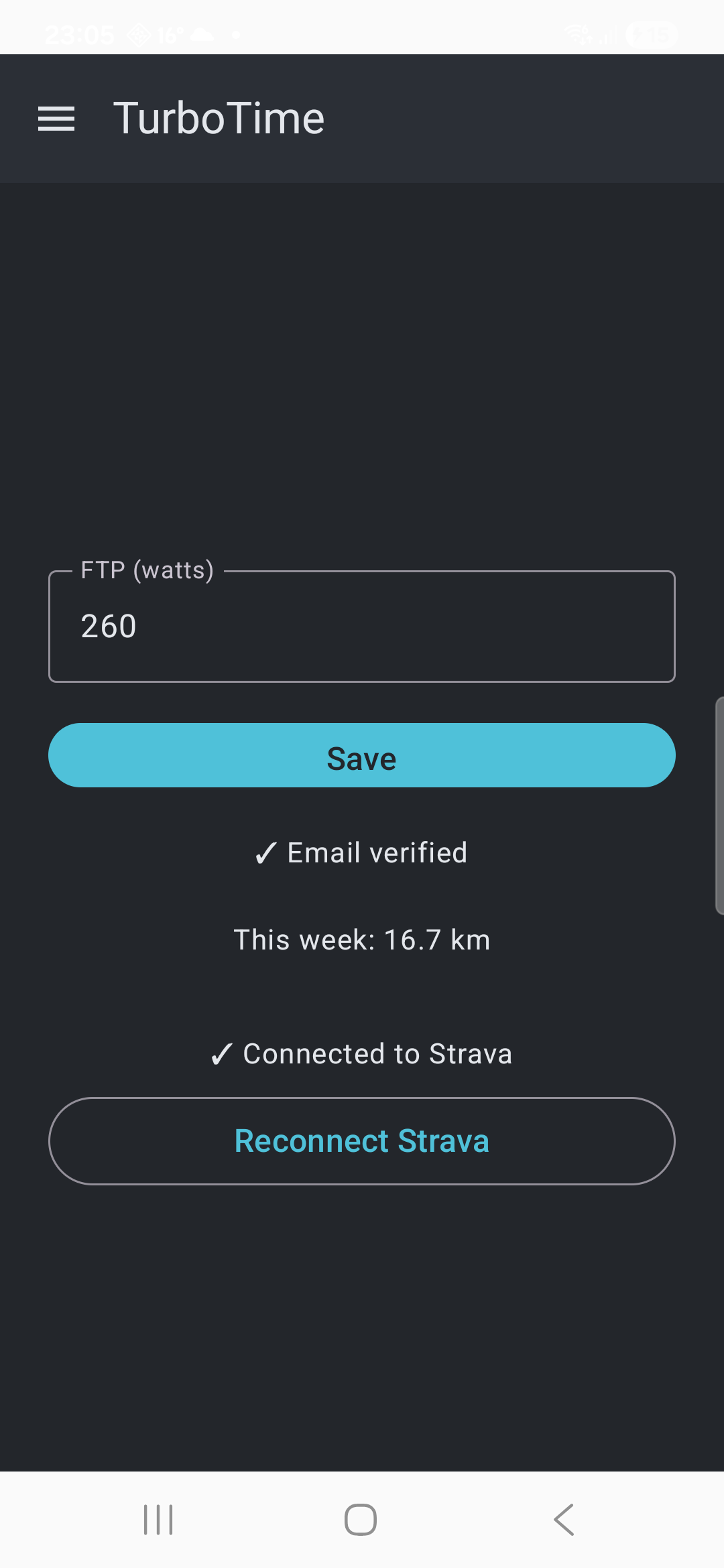 The Profile screen, showing FTP, email verified status, weekly distance, and Strava connected.